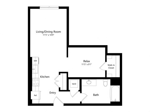 Floor plan for studio, 1 bath, 649 sqft